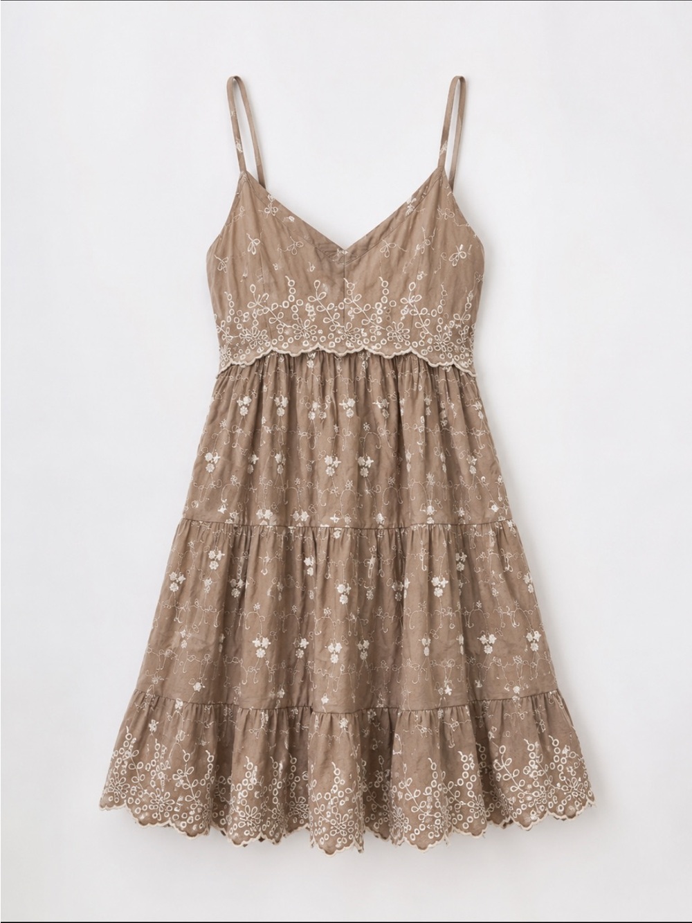 Jessica Simpson Taupe & White Eyelet Tiered Spaghetti-Strap Mini Dress